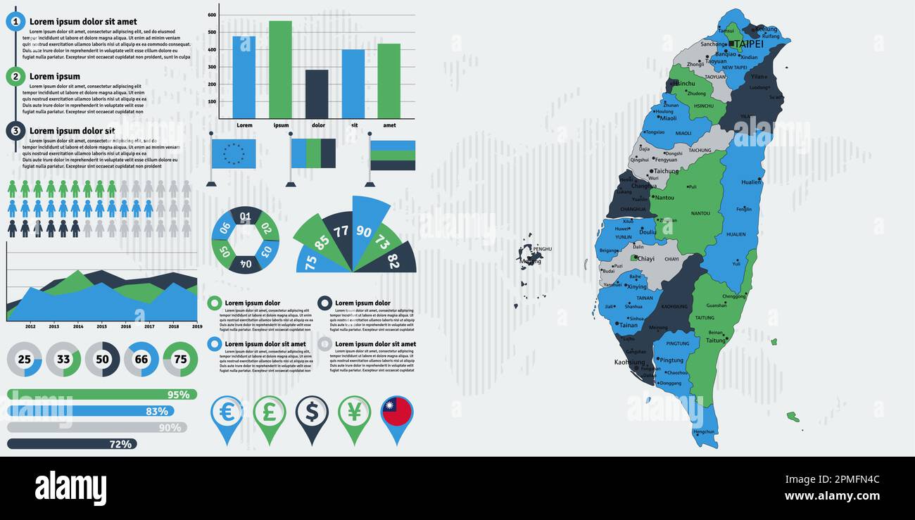 Detaillierte Karte für Taiwan mit Infografiken. Vektordarstellung. Stock Vektor