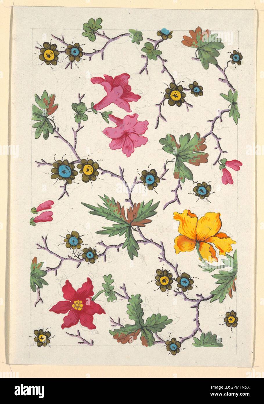 Zeichnen, Blumendesign für bedruckte Textilien; entworfen von Louis-Albert DuBois (Schweiz, 1752–1818); Frankreich; Pinsel und Gouache, Graphit auf weißem gewebtem Papier; Blatt: 21,5 x 14,9 cm (8 7/16 x 5 7/8 Zoll) Bild: 18,8 x 12,4 cm (7 3/8 x 4 7/8 Zoll) Stockfoto