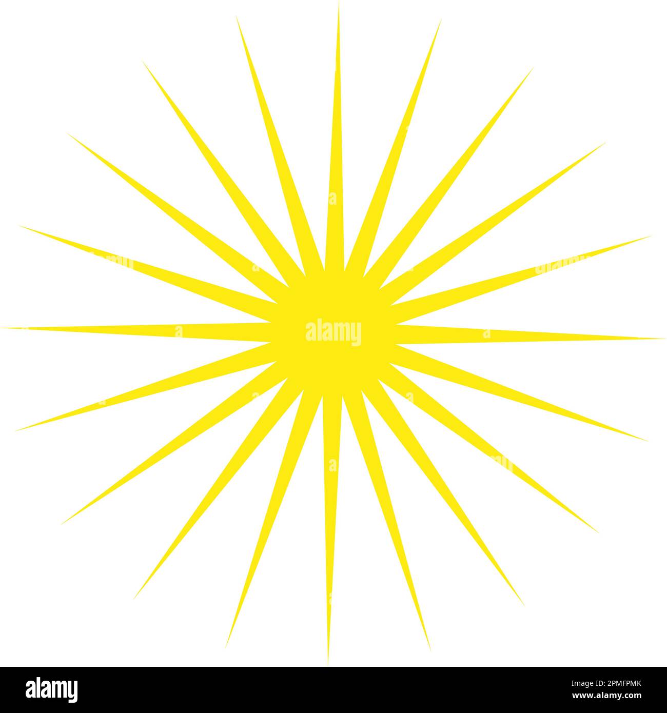 Gelbe Sonne mit Strahlen auf weißem Hintergrund Stockfoto