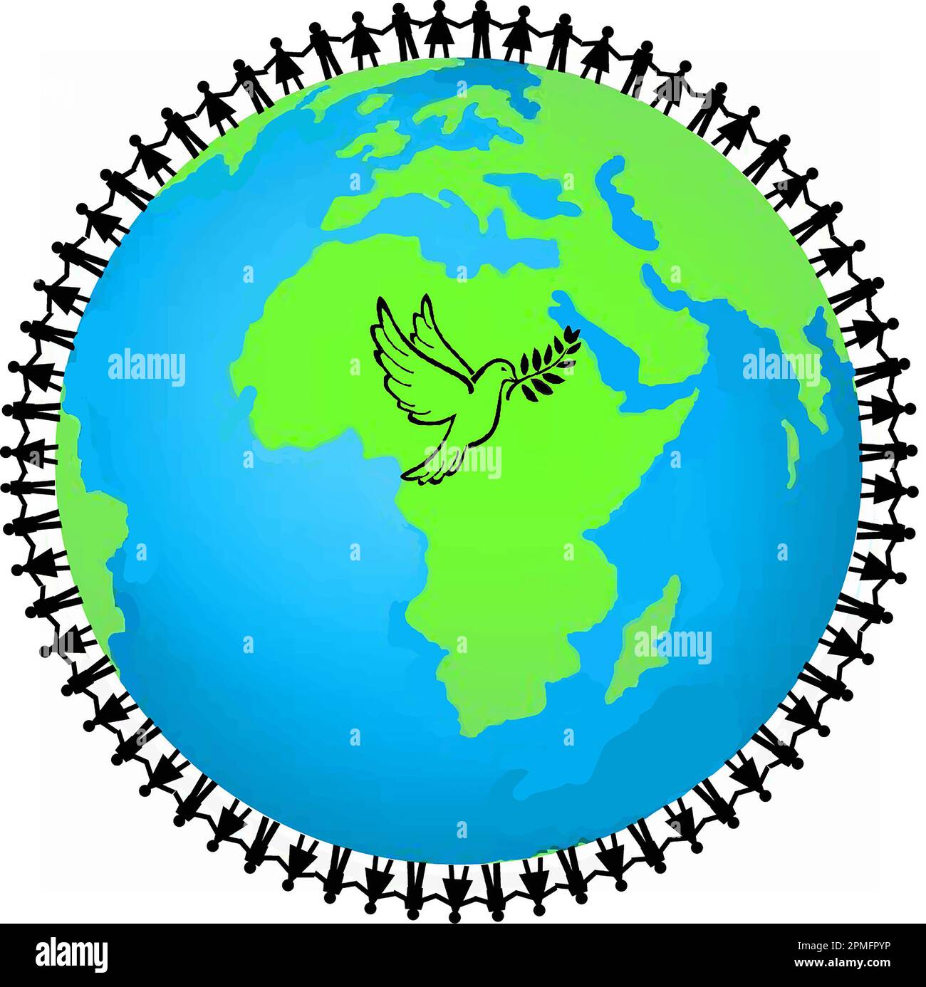 Männer und Frauen, die auf der Erde Händchen halten, mit dem „Taube des Friedens“-Logo Stockfoto