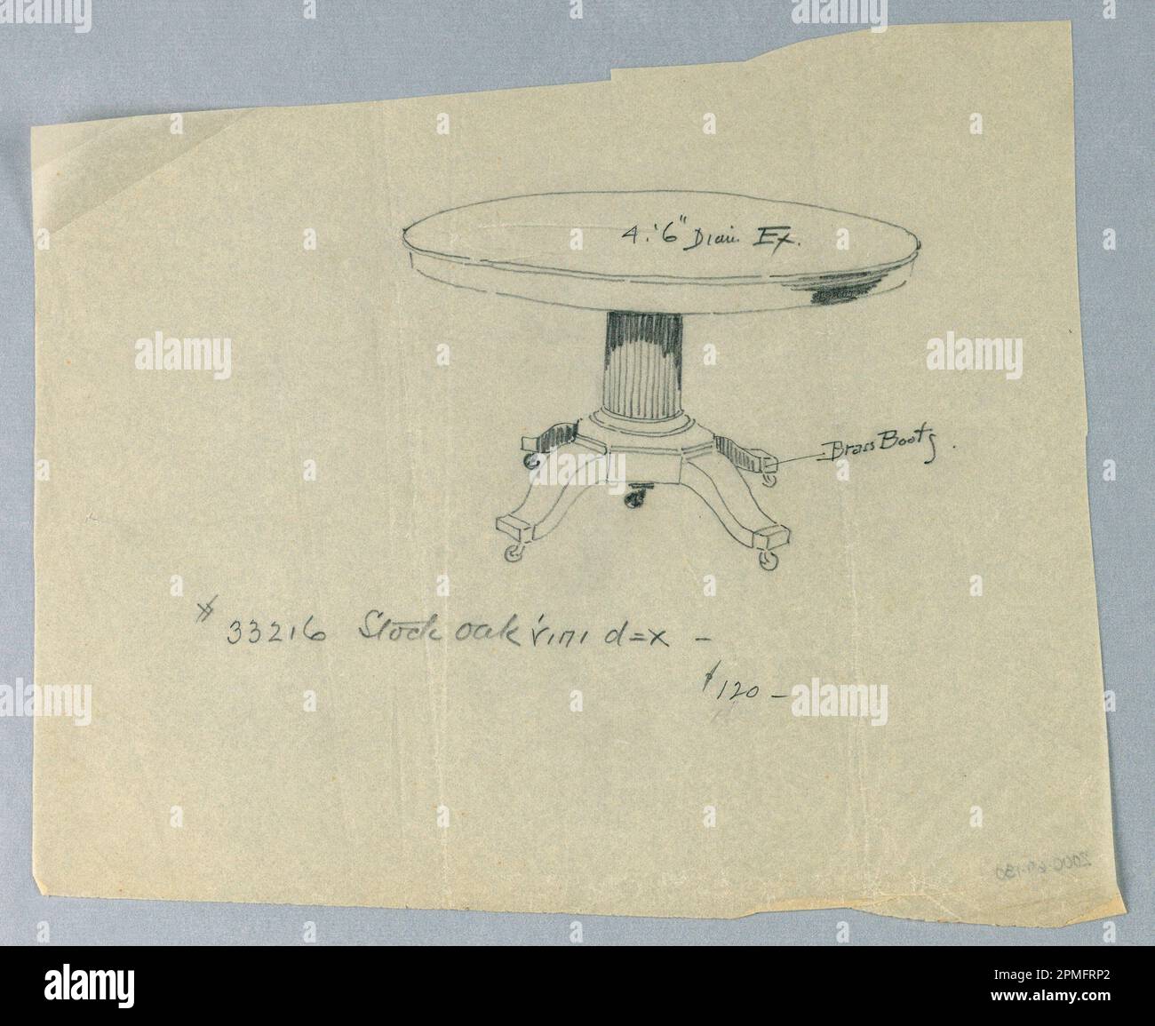 Drawing, Design for Round Eak Dining Table; entworfen von A.N. Davenport Co.; Graphit auf dünnem, cremefarbenem Papier; 19,7 x 22,9 cm (7 3/4 x 9 Zoll ); drei Kanten unregelmäßig Stockfoto