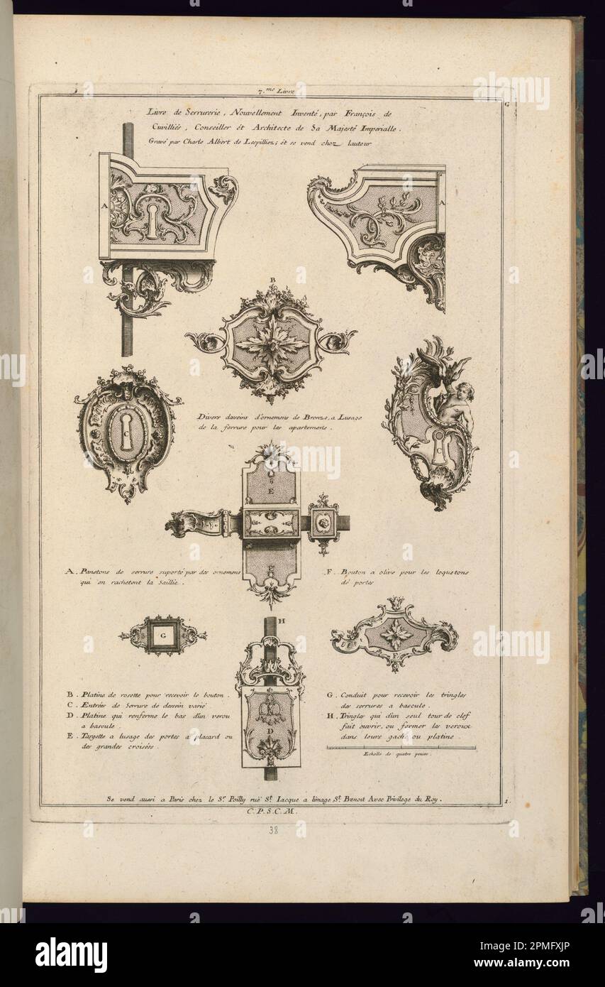 Print, Divers desseins d'ornemens de Bronze, a Lusage/de la Ferrure pour les apartemens.; entworfen von Francois de Cuvilliés the Elder (Belgien, aktives Deutschland, 1695-1768); graviert von Karl Albert von Lespilliez (1723-1796); Veröffentlicht von Nicolas Jean Baptiste de Poilly (Frankreich, 1712 – 1758); Deutschland; Ätzen und Gravieren auf cremefarbenem, liegendem Papier; Platemark: 36,8 x 24,3 cm (14 1/2 x 9 9/16 Zoll) Blatt: 44 x 28,6 cm (17 5/16 x 11 1/4 Zoll) Stockfoto