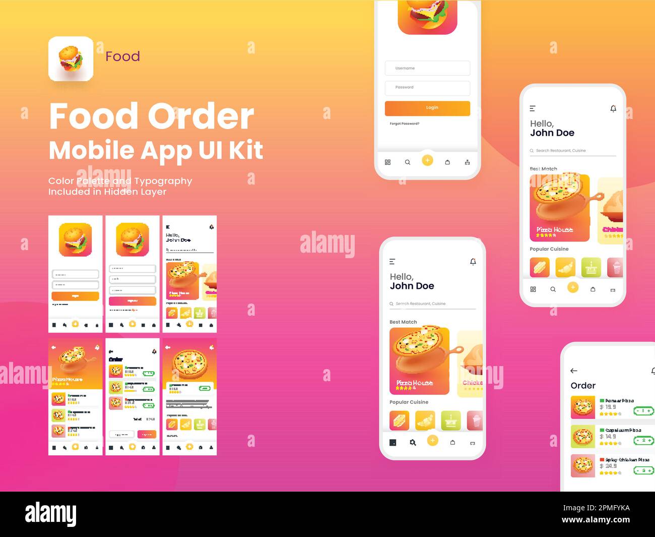 Online Food Order Mobile App UI-Kit mit Bildschirmen für Anmeldung, Registrierung, Lebensmittelmenü, Zahlung und Bestellbestätigung. Stock Vektor