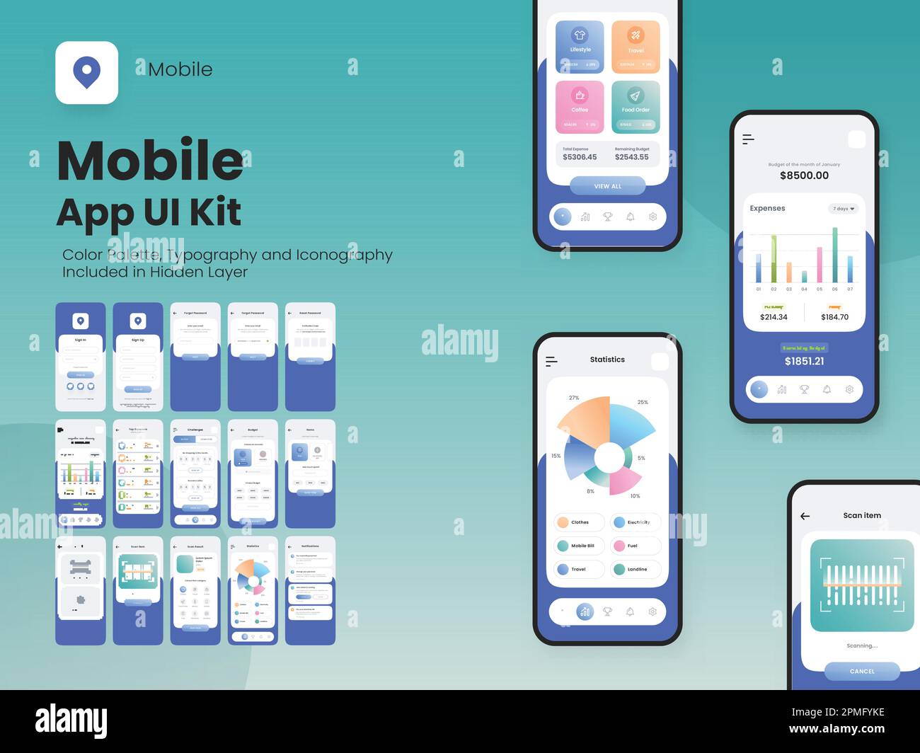 UI-Layout der mobilen App, einschließlich Kontoanmeldung, Anmeldung, Lifestyle Statistiken und Benachrichtigungsbildschirme für Responsive Website. Stock Vektor