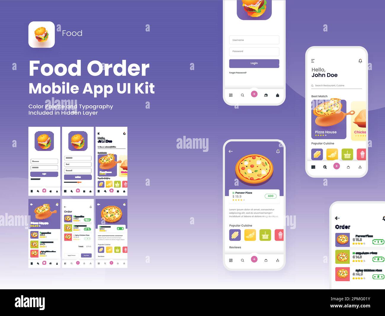 Food Order Mobile App UI-Kit mit Bildschirmen für Anmeldung, Registrierung, Lebensmittelmenü, Buchung und Prüfung des Servicetyps. Stock Vektor