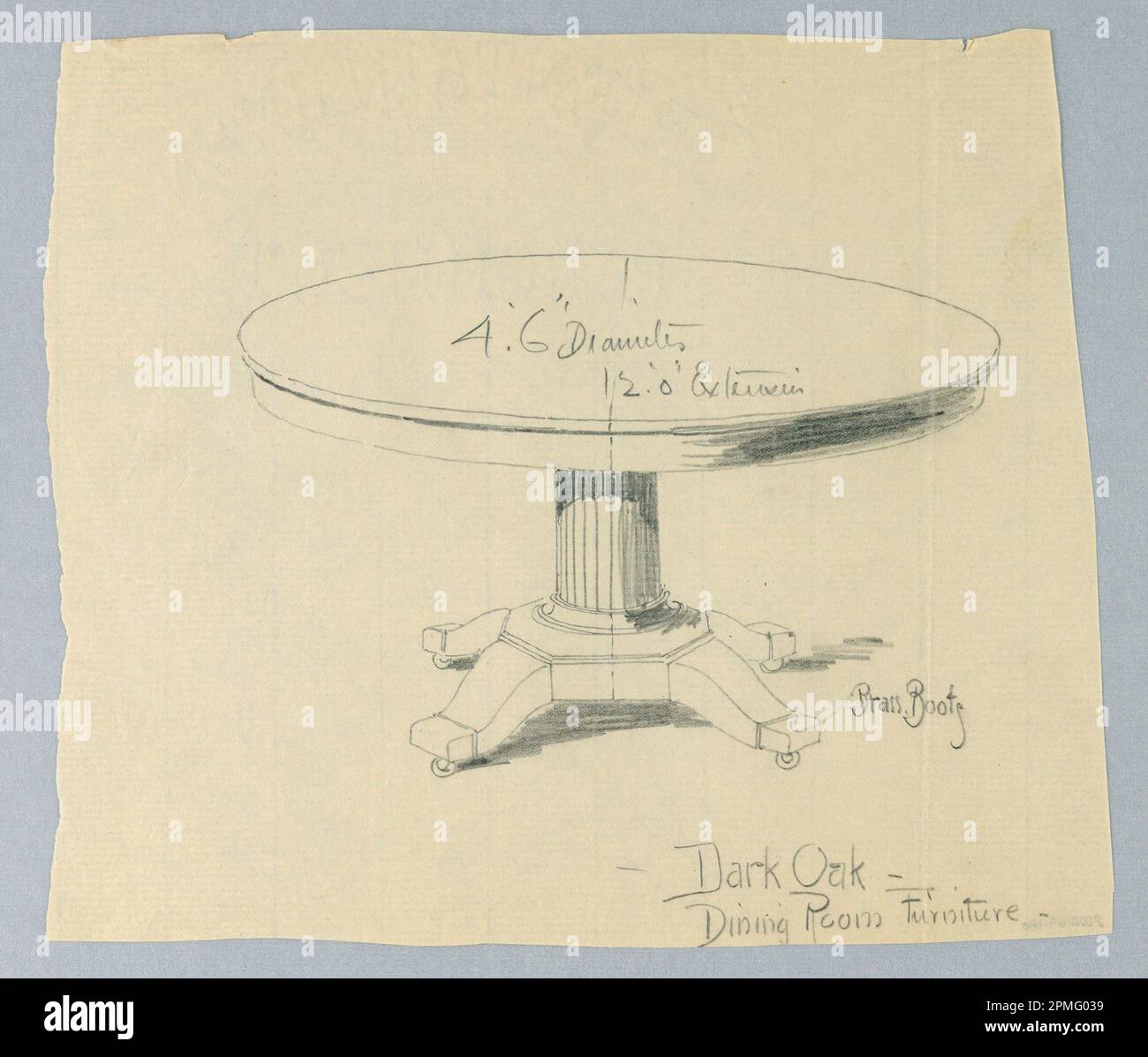 Drawing, Design for Dark Eak Dining Room Table; entworfen von A.N. Davenport Co.; Graphit auf dünnem cremefarbenem Papier; 20,3 x 22,9 cm (8 x 9 Zoll) Stockfoto