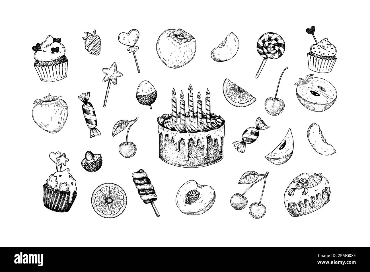 Set mit Süßigkeiten und Obst. Geburtstagskuchen und andere Leckereien für Kinder. Handgezeichnete Vektordarstellung im Skizzenstil Stock Vektor