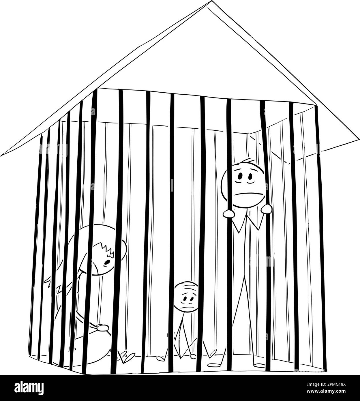 Familie im Haus eingesperrt, wie im Gefängnis oder Käfig, Vektor-Zeichentrickfigur oder Charakterabbildung. Stock Vektor