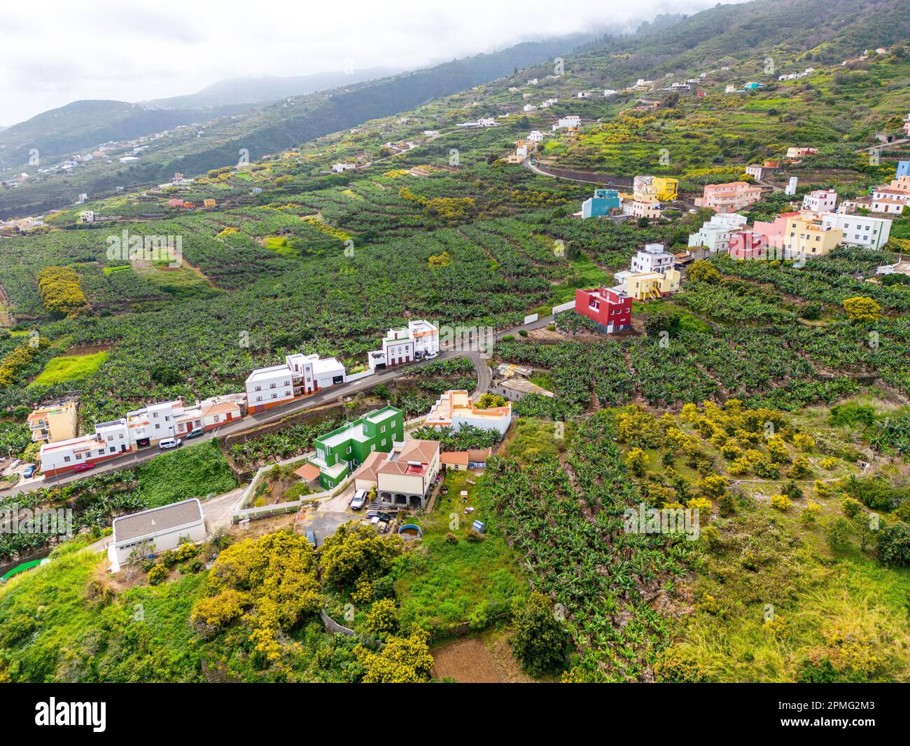 Luftaufnahme von den Green Volcanic Hills in der Nähe von Los Sauces auf La Palma Island, Kanarische Inseln, Spanien. Stockfoto