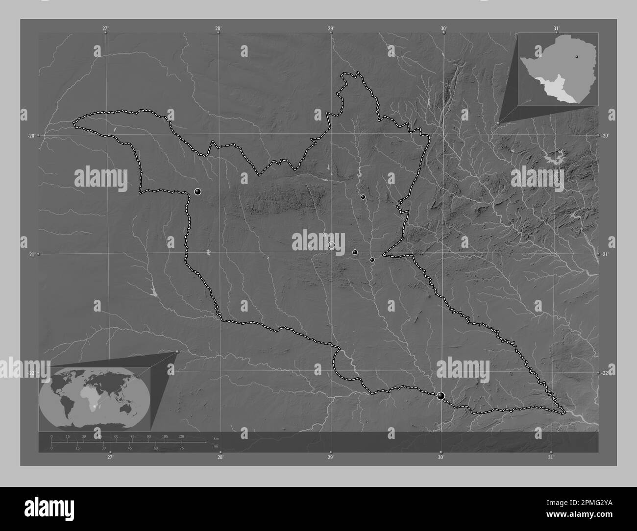 Matabeleland Süd, Provinz Simbabwe. Grauskala-Höhenkarte mit Seen und Flüssen. Standorte der wichtigsten Städte der Region. Ecke Zusatzanschluss Stockfoto