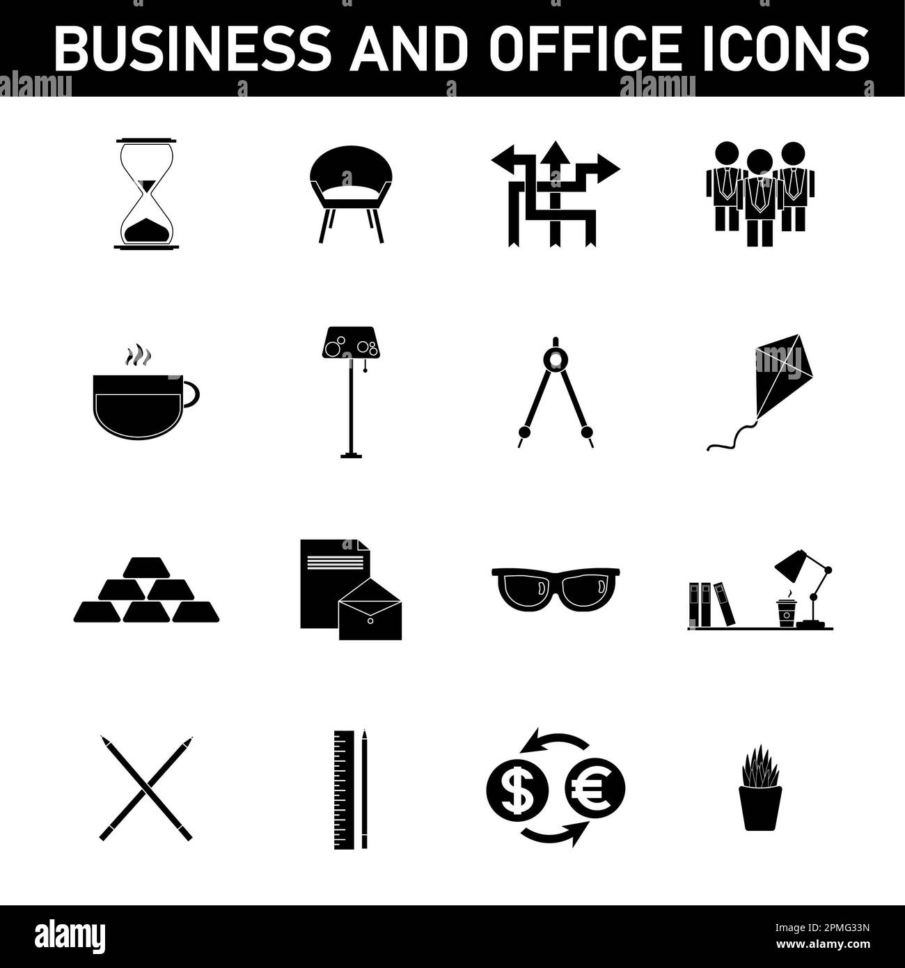 Sammlung einfacher Symbole zum Thema: Geschäft und Büro. Isoliert auf weißem Hintergrund. Stockfoto