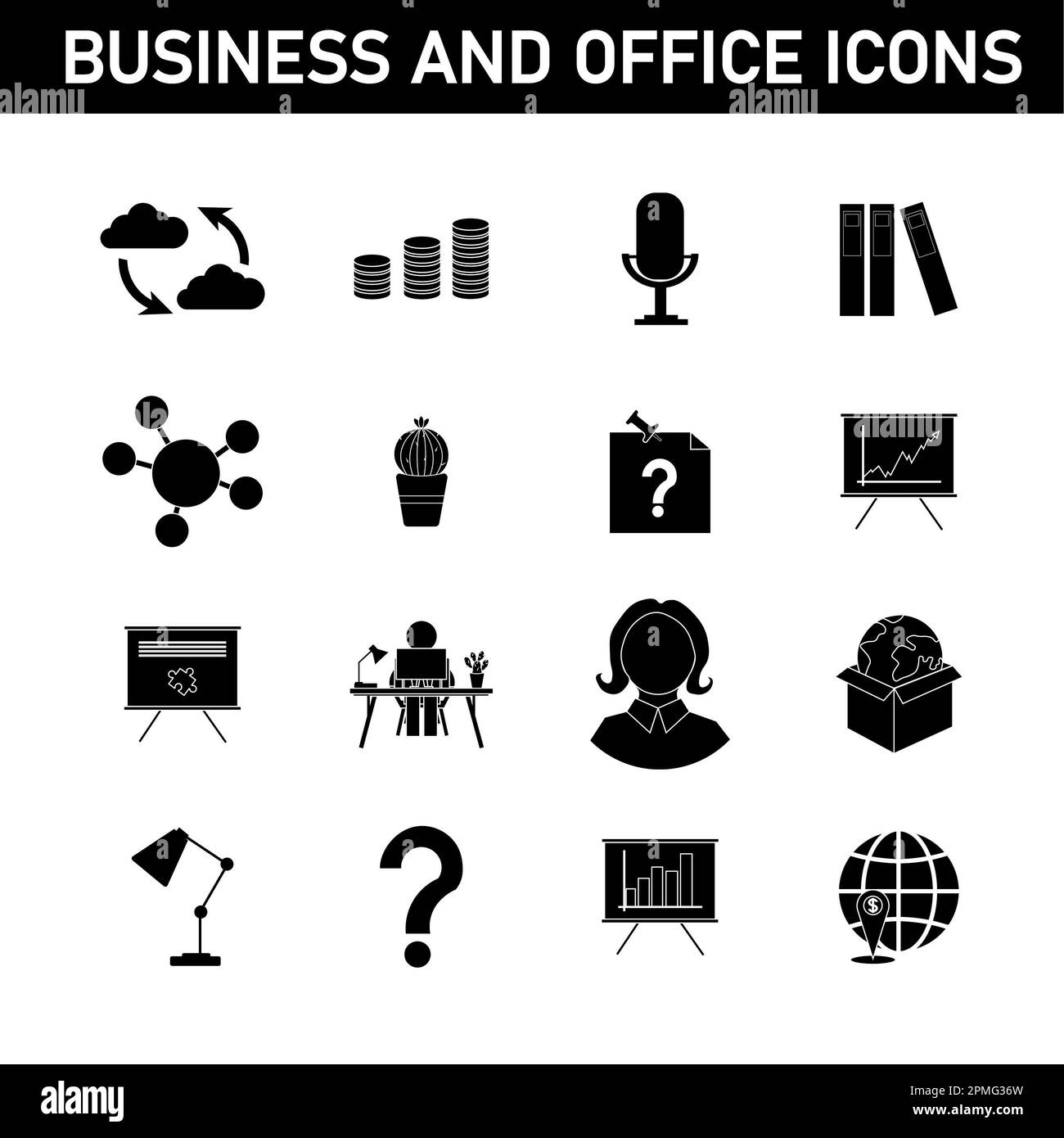 Sammlung einfacher Symbole zum Thema: Geschäft und Büro. Isoliert auf weißem Hintergrund. Stockfoto