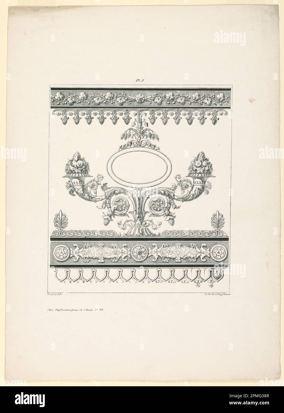 Druck, Frieze mit ovoidalem Rahmen; nach Jean DuBois (Französisch, ca. 1750 – nach 1801); gedruckt von Gottfried Engelmann (1788 – 1839); Veröffentlicht von Desflorennes; Frankreich; Lithografieunterstützung: Weißes gewebtes Papier; 35,9 x 26,3 cm (14 1/8 x 10 3/8 Zoll) Platemark/REPEAT: 20,6 x 17,5 cm (8 1/8 x 6 7/8 Zoll) Matte: 45,7 x 35,6 cm (18 x 14 Zoll) Stockfoto