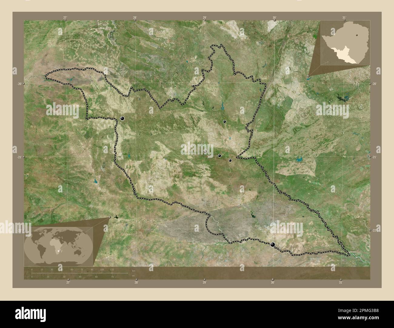 Matabeleland Süd, Provinz Simbabwe. Hochauflösende Satellitenkarte. Standorte der wichtigsten Städte der Region. Eckkarten für zusätzliche Standorte Stockfoto