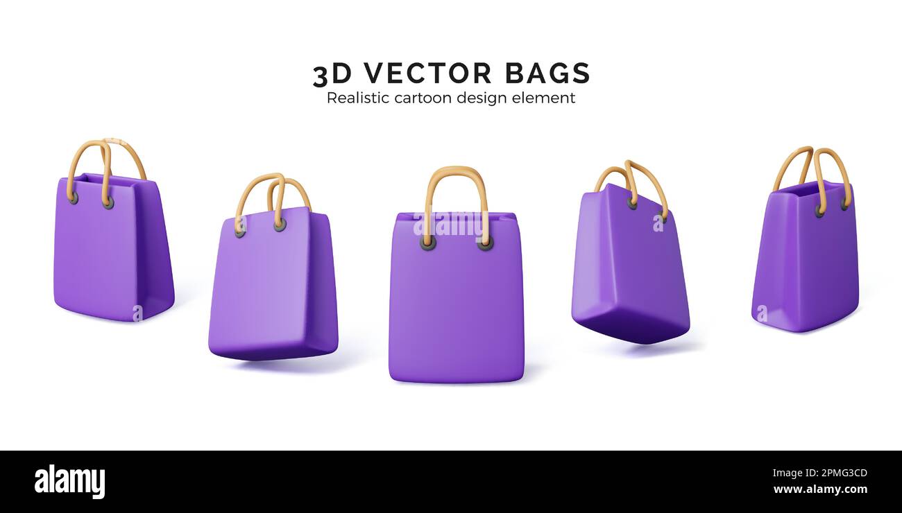 Set mit 3D realistischen Einkaufstaschen. Trendige lila Handtasche mit gelben Griffen. Vorlage für Marktpaket. Vektordarstellung isoliert auf weißem Hintergrund Stock Vektor