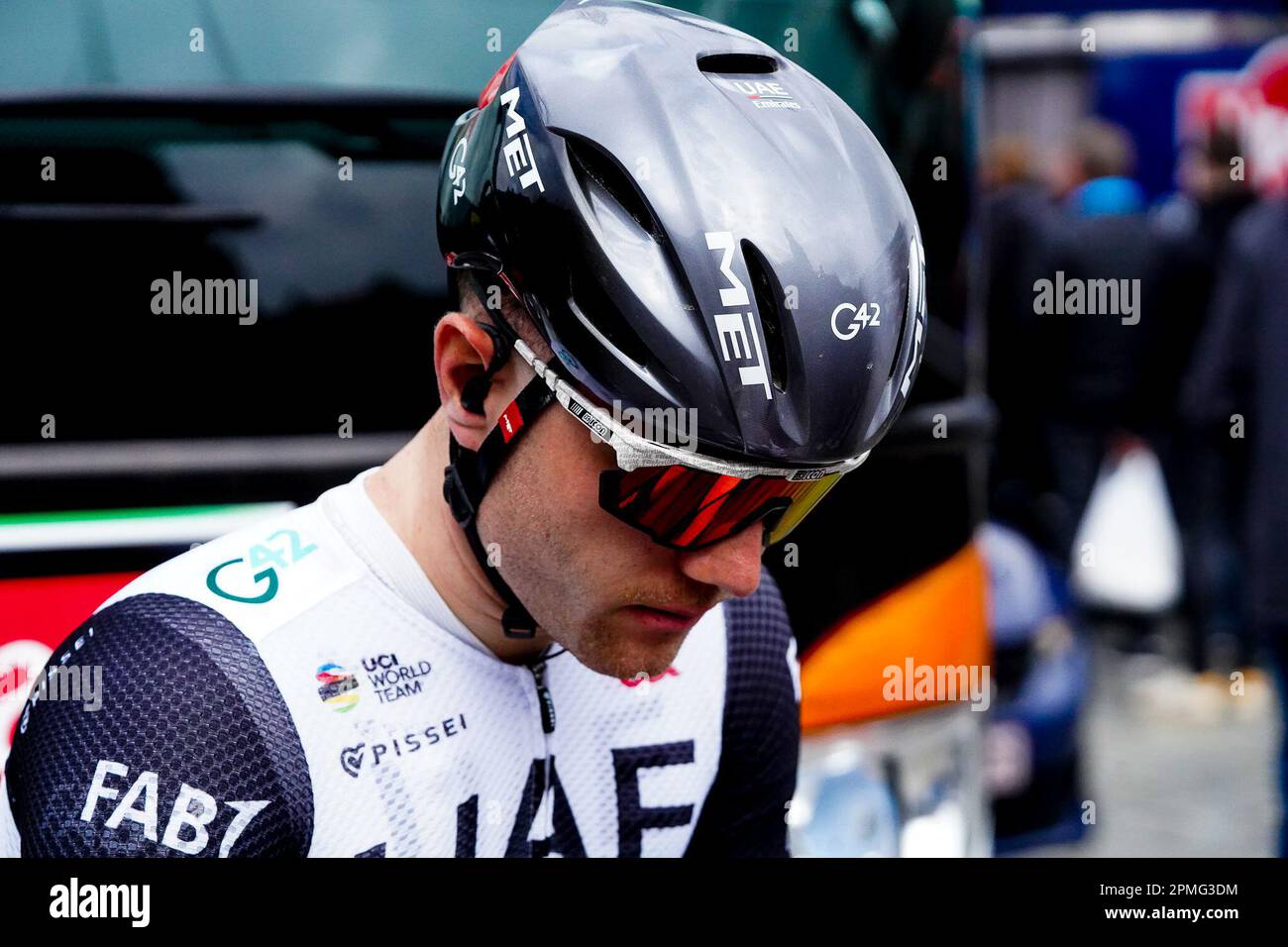 Overijse, Belgien. 12. April 2023. Abbildung zeigt Marc Hirschi vom Team Emirates der Vereinigten Arabischen Emirate beim RADRENNEN BRABANTSE PIJL Men, 205,1 km von LEUVEN nach OVERIJSE, Mittwoch, den 12. 2023. April. FOTO SPORTPIX | Thijs Wintein Stockfoto