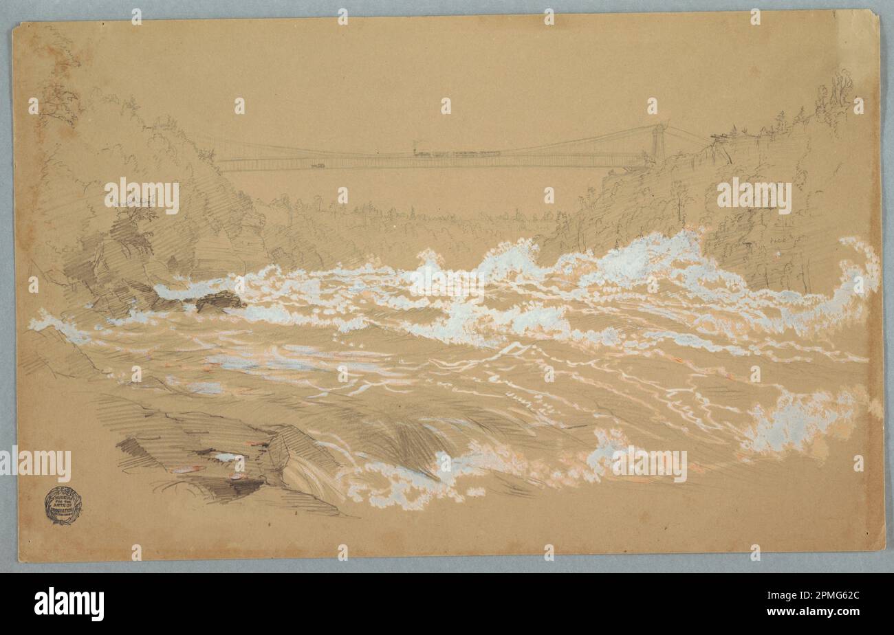 Zeichnung, die Schlucht, Niagara, Blick auf die Hängebrücke; Frederic Edwin Church (amerikanisch, 1826–1900); USA; Graphit, Pinsel und weißer Zahnschmerz auf Papier; Blatt: 23,4 x 45,3 cm (9 3/16 x 17 13/16 Zoll) Stockfoto