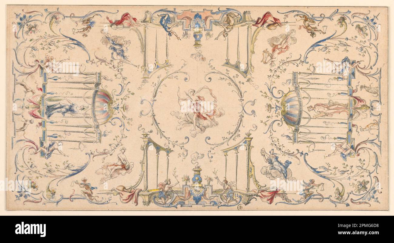 Zeichnung, Design for a ceiling Decoration; hergestellt von Hubert-Francois Gravelot (Frankreich, Active England, 1699 - 1773); Frankreich; Stift und Tinte, Pinsel und Aquarell auf weißem Papier; 20,9 x 39 cm (8 1/4 x 15 3/8 Zoll) Stockfoto