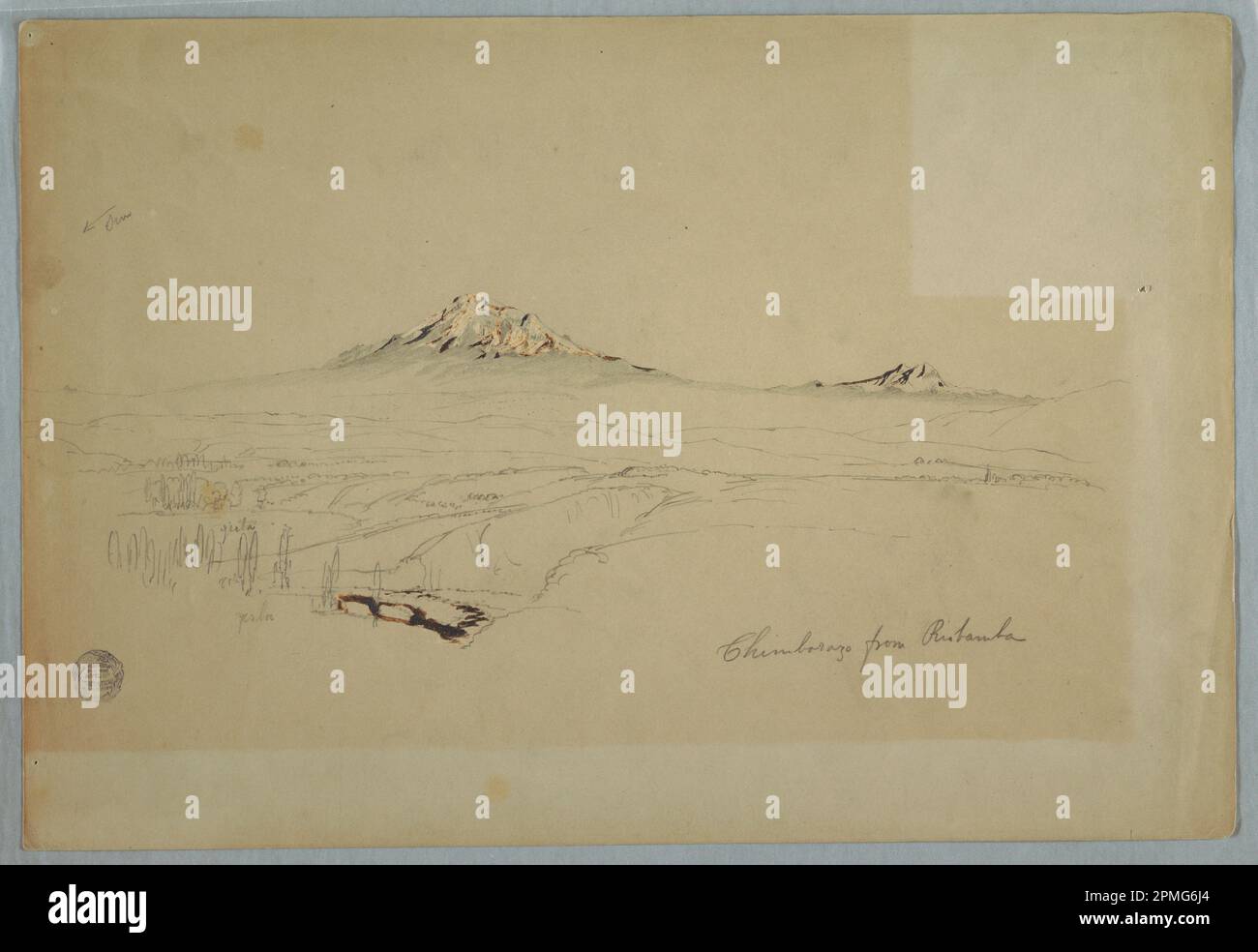 Zeichnung, Mount Chimborazo, Blick von Riobamba, Ecuador; Frederic Edwin Church (amerikanisch, 1826–1900); Ecuador; Graphit, Pinsel und oxidierter weißer Gouache auf pufffarbenem gewebtem Papier; Blatt: 31,5 x 45,8 cm (12 3/8 x 18 1/16 Zoll) Stockfoto