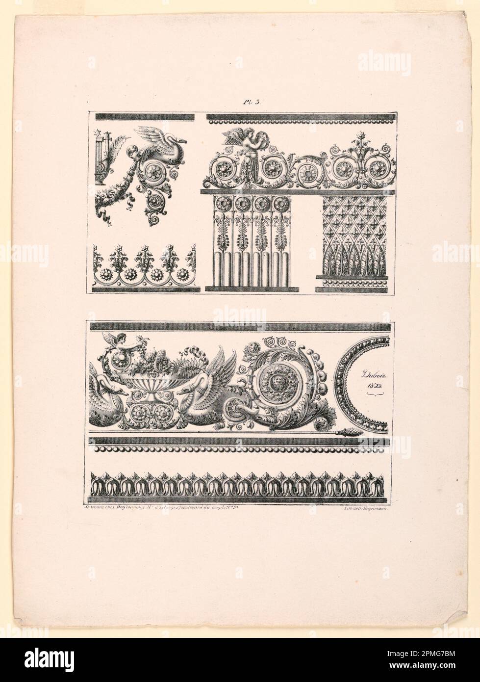 Print, Frieze und Ornamental Bor; After Jean DuBois (Französisch, ca. 1750 – nach 1801); gedruckt von Gottfried Engelmann (1788 – 1839); Veröffentlicht von Desflorennes; Frankreich; Lithografieunterstützung: Weißes gewebtes Papier; 35,9 x 26,9 cm (14 1/8 x 10 9/16 Zoll) Platemark/REPEAT: 24,5 x 18,7 cm (9 5/8 x 7 3/8 Zoll) Matte: 45,7 x 35,6 cm (18 x 14 Zoll) Stockfoto