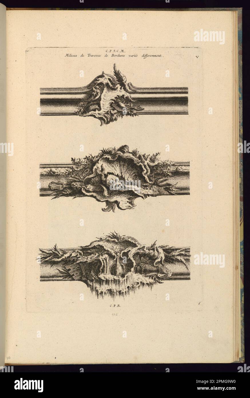 Print, Design for Three Parts of Picture Frames; entworfen von Francois de Cuvilliés the Elder (Belgien, aktives Deutschland, 1695 - 1768); Deutschland; Ätzen und Gravieren auf cremefarbenem Lagepapier; Platemark: 33,1 x 22,2 cm (13 1/16 x 8 3/4 Zoll) Blatt: 44 x 28,6 cm (17 5/16 x 11 1/4 Zoll) Stockfoto