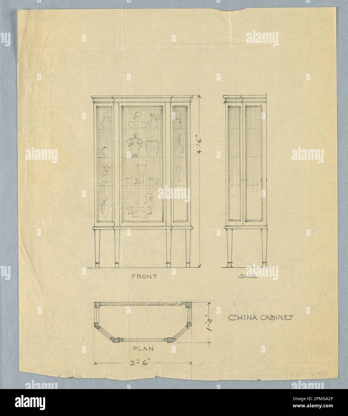 Drawing, Design for China Cabinet in drei Ansichten; entworfen von A.N. Davenport Co.; Graphit auf dünnem cremefarbenem Papier; 24,4 x 21,0 cm (9 5/8 x 8 1/4 Zoll) Stockfoto