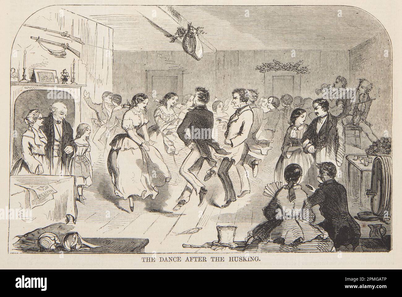 Print, The Dance after the Shaking; Winslow Homer (amerikanisch, 1836–1910); Veröffentlicht von Harper's Weekly; USA; Holzgravierung in schwarzer Tinte auf Papier; Bild: 15,2 x 23,7 cm (6 x 9 5/16 Zoll) Stockfoto