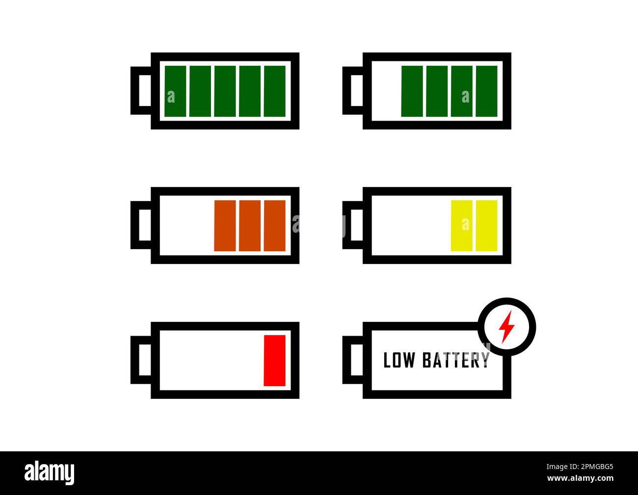 Batterieladung. Volle Ladeleistung. Anzeige des Druckspeichers. Symbol für vollen bis niedrigen Akkustand Stock Vektor