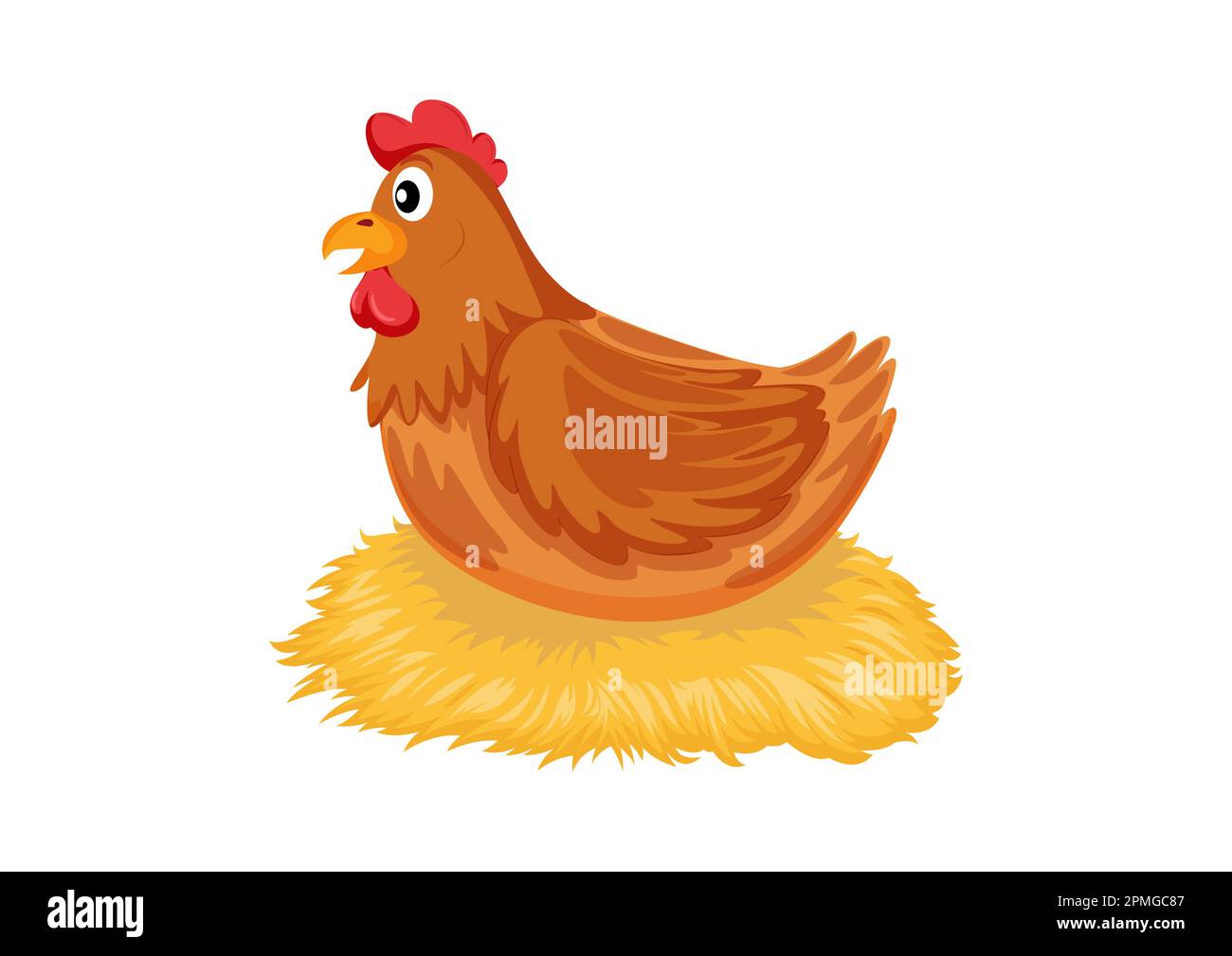 Cartoon-Henne, die ihre Eier auf einem Strohnest inkubiert. Abbildung einer Henne, die in einem Nest Eier brütet Stock Vektor