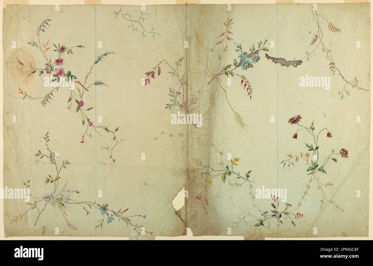 Zeichnen, Design for a Seide Brocade; Graphit, Pinsel und Riesenkopf, Pinsel und oxidiertes Weiß auf Papier; 48,4 x 37,1 cm (19 1/16 x 14 5/8 Zoll) Stockfoto