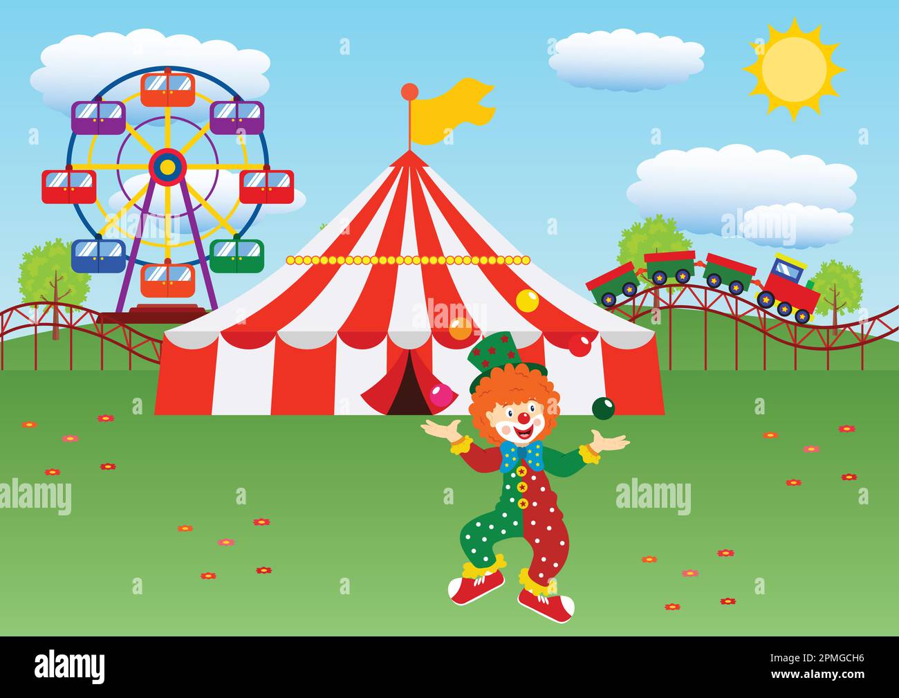 Cartoon-Karneval. Cartoon-Zug, Cartoon Carnival-Zelt, Zirkusrad, Cartoon-Clown Stock Vektor