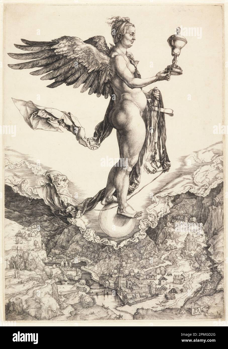 Printwerbung, Nemesis; Albrecht Dürer (Deutsch, 1471-1528); Deutschland; Gravur auf weißem Papier; Gesamt: 33,5 x 23,3cm (13 3/16 x 9 3/16in.) Platemark: 33,2 x 22,9 cm (13 1/16 x 9 Zoll) Matte: 45,7 x 35,6 cm (18 x 14 Zoll) Stockfoto