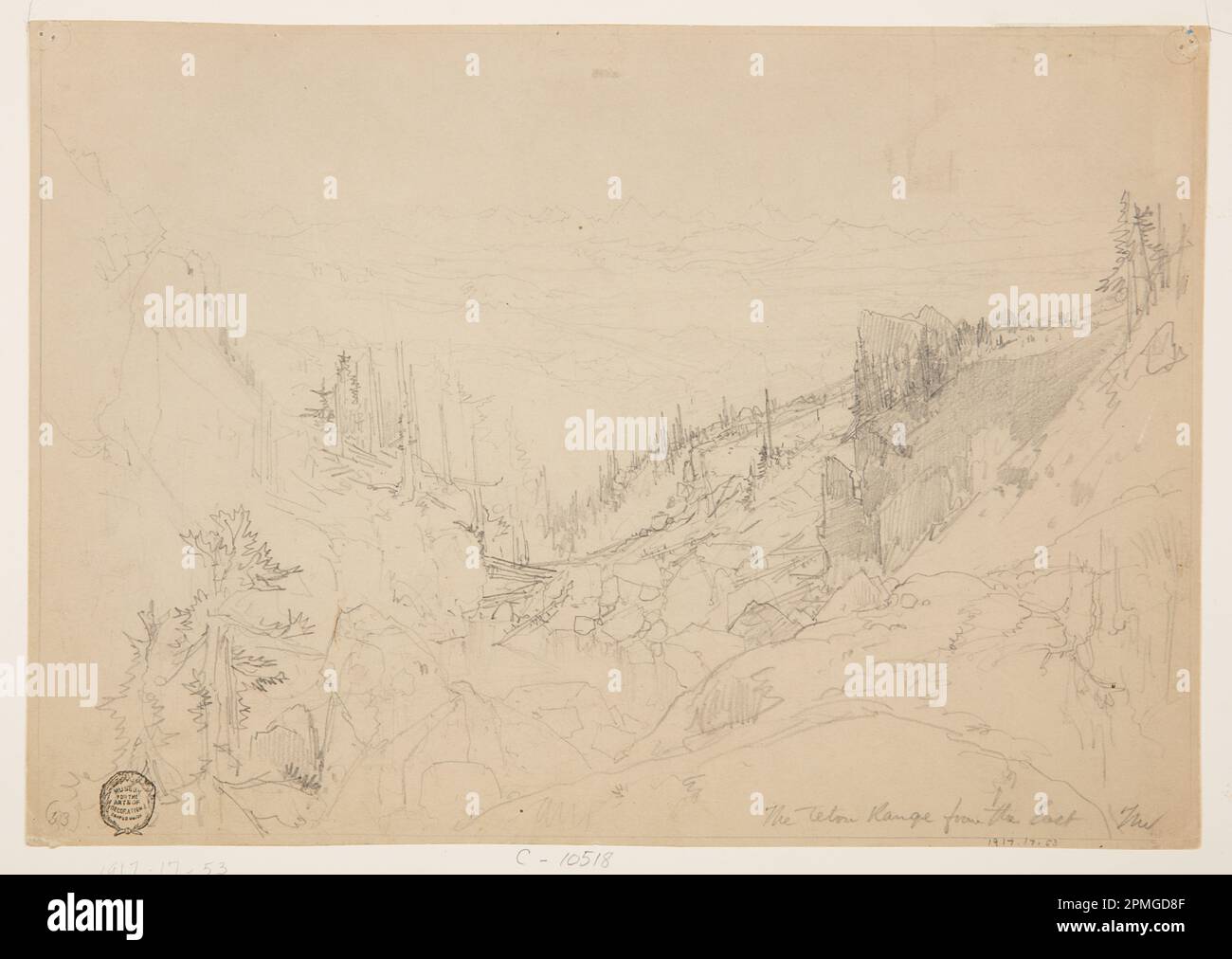 Drawing, The Teton Range from the East; Thomas Moran (American, B. Britain, 1837–1926); USA; Graphit auf graubraunem Papier; 23,5 x 33,5 cm (9 1/4 x 13 3/16 Zoll) Stockfoto