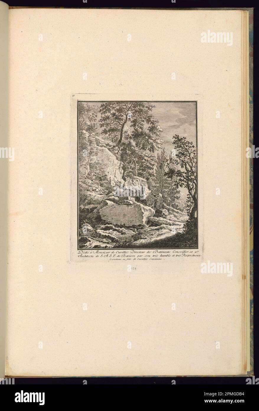 Print, Design for a Landscape with Rocks; Design von Francois de Cuvilliés the Jünger (deutsch, 1731 - 1777); Deutschland; Ätzen und Gravieren auf weißem Lagepapier; Platemark: 20,3 x 16,2 cm (8 x 6 3/8 Zoll) Blatt: 44 x 28,6 cm (17 5/16 x 11 1/4 Zoll) Stockfoto