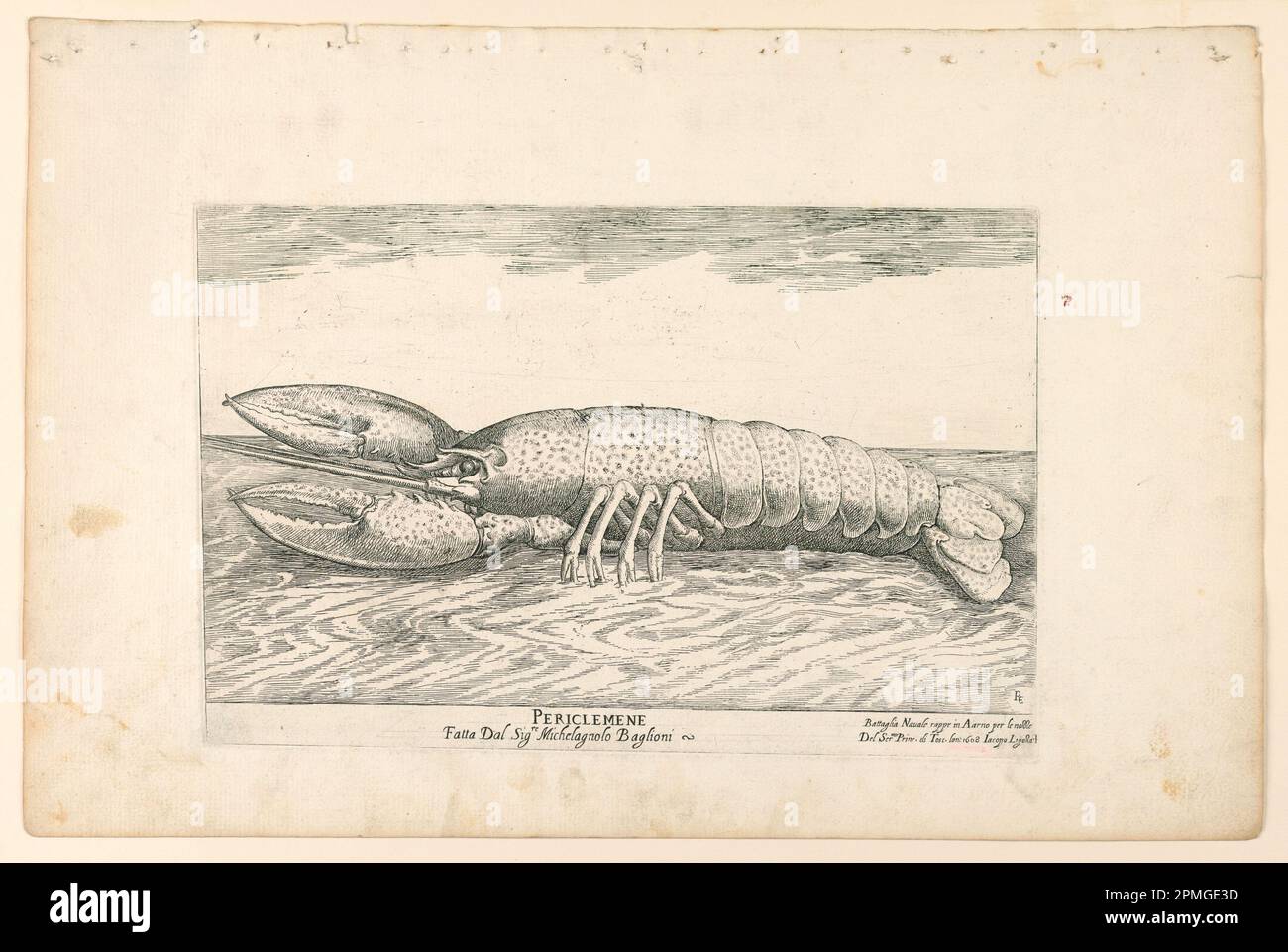 Print, aus einer Reihe von Marineschlachten für Hochzeitsfeste von Cosimo Il de'Medici, Schiff der Periclymenüs; geätzt von Remigio Cantagallina (Italienisch, ca. 1582–1656); nach Giulio Parigi (Italienisch, 1571–1635); Patron: Cosimo II de' Medici (Italienisch, 1590–1621); Italien; schwarze Tinte auf weißem Papier; 26,9 x 40,6 cm (10 9/16 Zoll X 16 Zoll) Platemark: 17,8 x 27,3 cm (7 Zoll X 10 3/4 Zoll) Stockfoto
