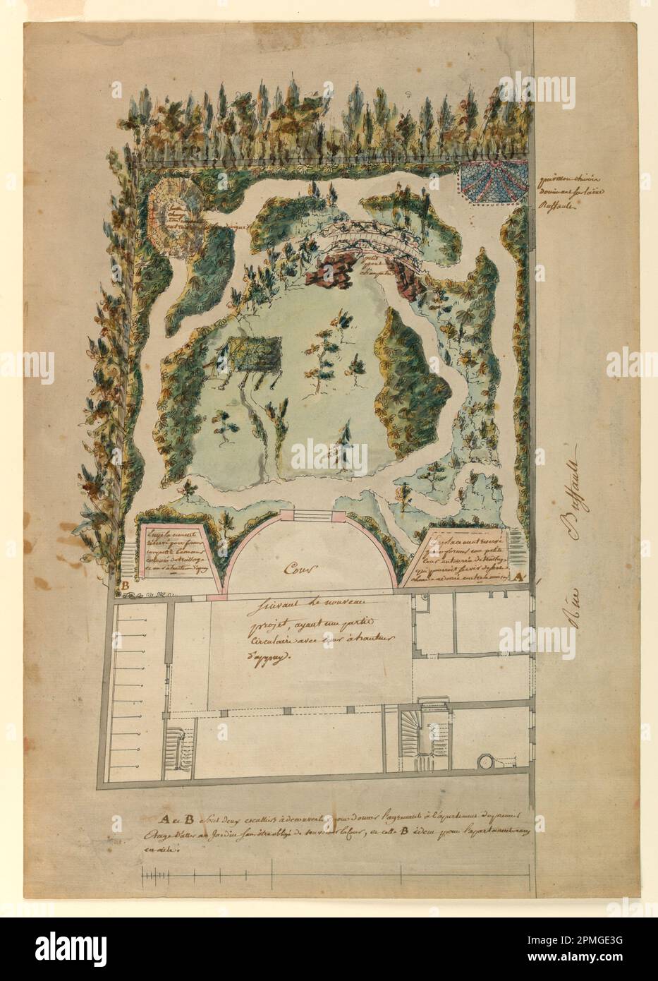 Zeichnung, englischer Landschaftsgarten; Unbekannt; Frankreich; Tinte, Pinsel und Wasserfarbe braun und grau auf cremefarbenem, liegendem Papier; 45,6 x 32,2 cm (17 15/16 x 12 11/16 Zoll) Matte: 40,6 x 50,8 cm (16 x 20 Zoll); die John Jay IDE Collection; 1991-44-1 Stockfoto