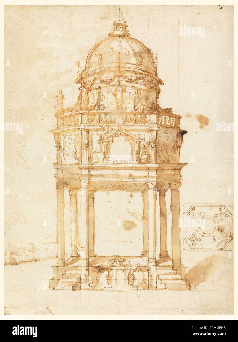 Zeichnen, Design for a Catafalque; Unbekannt; Italien; roter Buntstift, Stift und schwarze Tinte, Bürsten und Waschen auf Papier; 29,3 x 22 cm (11 9/16 x 8 11/16 Zoll) Stockfoto