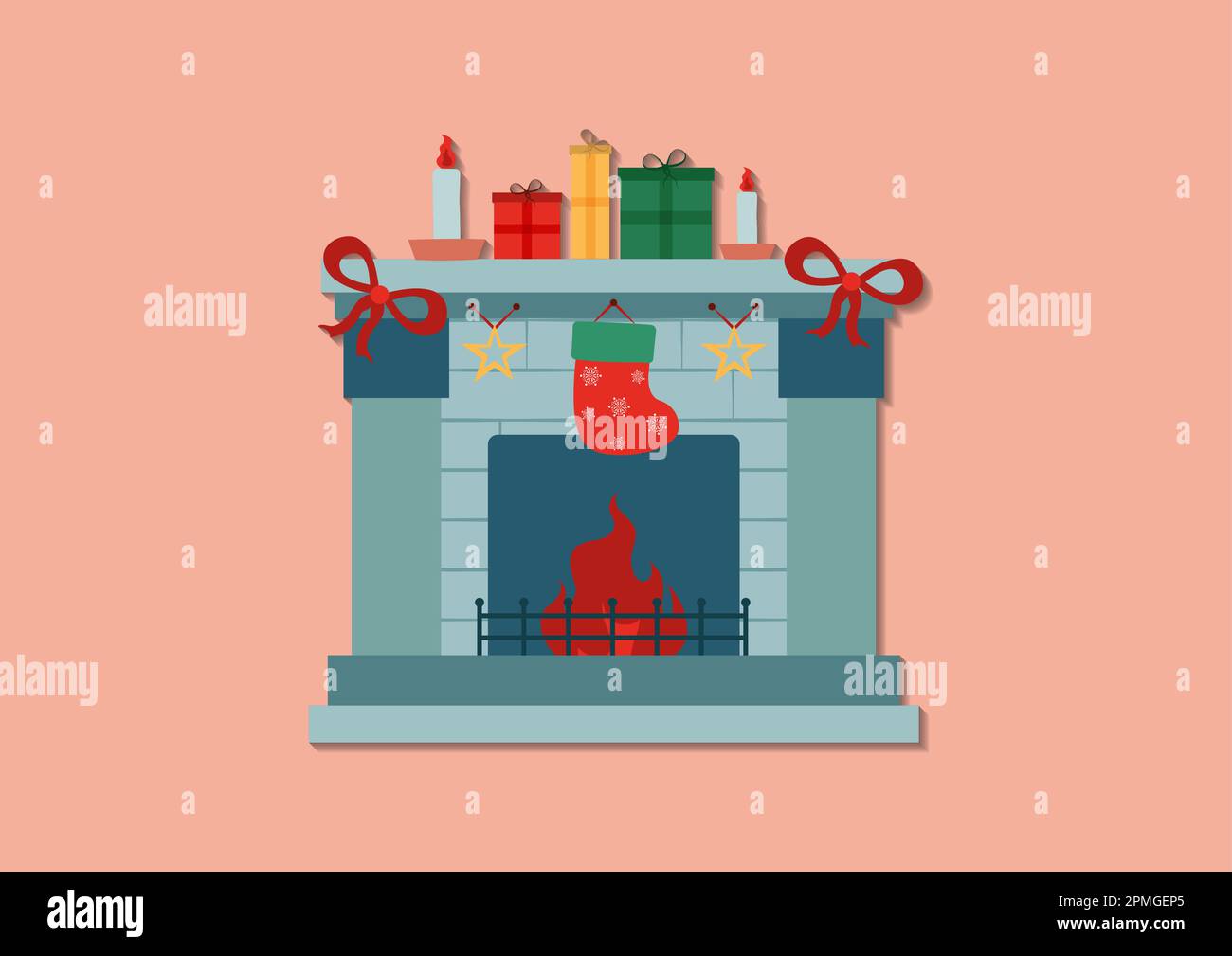Kamin mit weihnachtsdekoration im Retro-Stil Stock Vektor