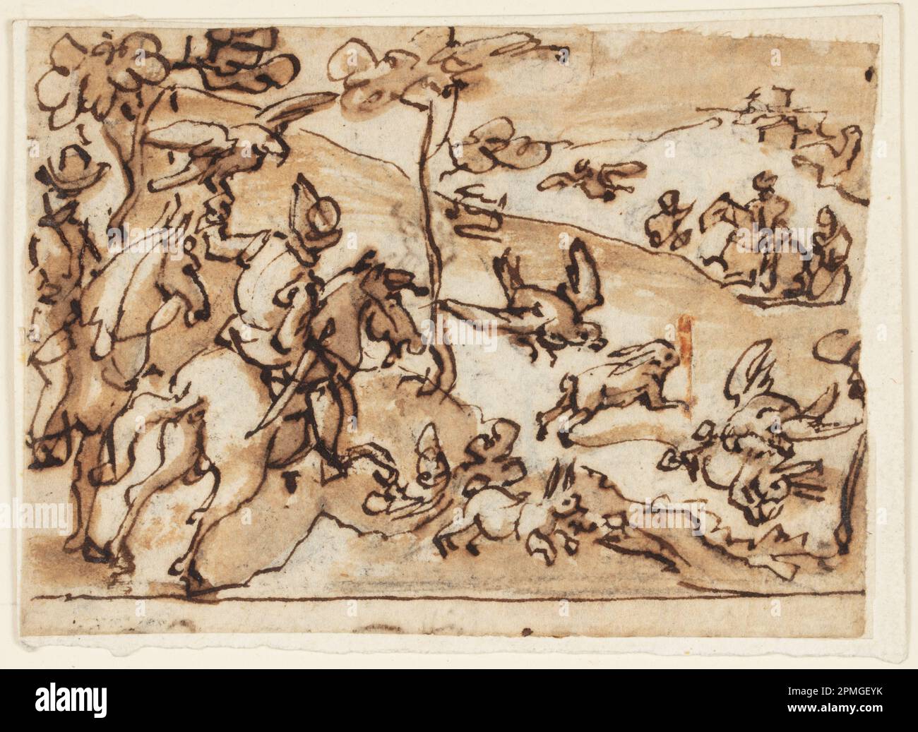 Zeichnung, Hare Hunt mit Falken; Jan van der Straet, Stradanus (Flämisch, 1523–1605); Niederlande; Stift und Tinte, Bürste und braunes Abwaschen über Graphit auf liegendem Papier; 7,4 x 10,4 cm (2 15/16 x 4 1/8 Zoll) Stockfoto