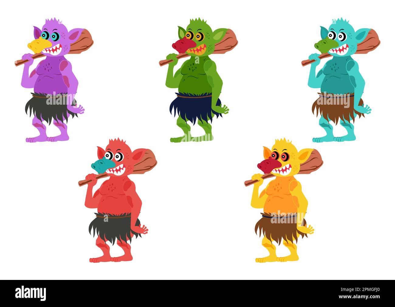Fünf bunte Kobolde. Set aus Kobold oder Troll mit Jagdwerkzeug isoliert auf weißem Hintergrund. Vektordarstellung von fünf verschiedenen Farben des G Stock Vektor