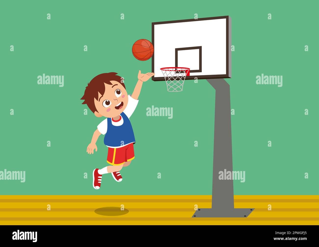 Glücklicher kleiner Junge, der Basketball spielt. Ein Junge, der Basketball spielt Stock Vektor