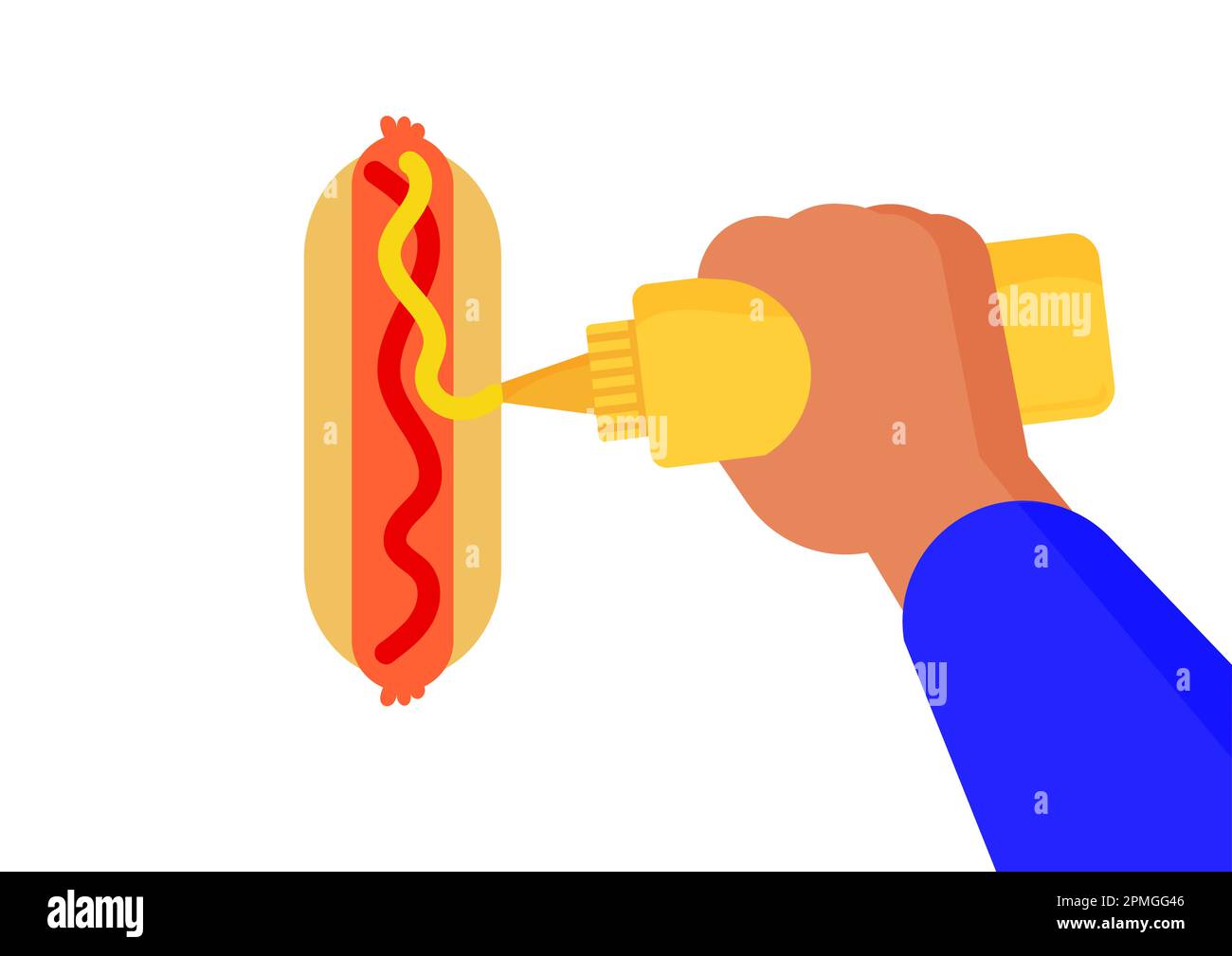 Köstliches Fast Food mit Wurst, Brot, Senf und Ketchup. Senfflasche und köstlicher Hot Dog isoliert auf weißem Hintergrund Stock Vektor