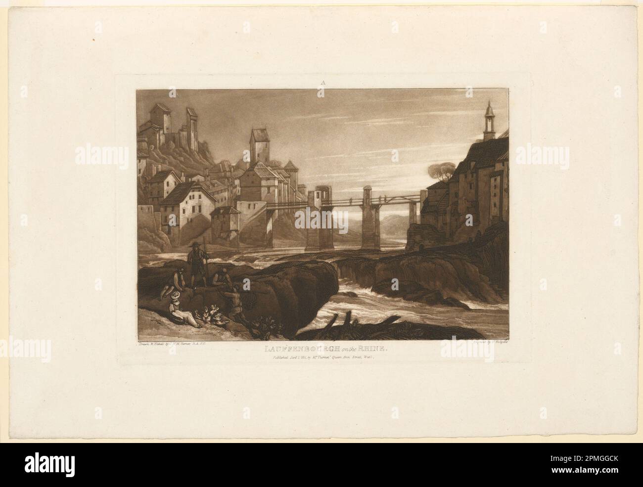 Print, Lauffenbourg am Rhein; James Mallord William Turner (britisch, 1775–1851); Gravur Thomas Hodgetts (britisch, 19. Jahrhundert); England; Ätzen und Mezzotint auf weißem Papier; Blatt: 30,4 x 44,1 cm (11 15/16 x 17 3/8 Zoll) Platemark: 20,3 x 29,1 cm (8 Zoll X 11 7/16 Zoll) Stockfoto