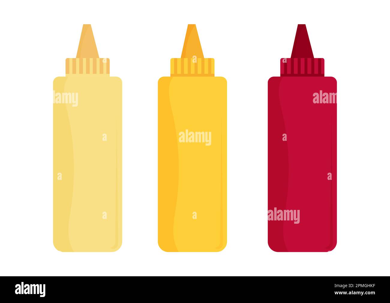 Vektordarstellung der Ketchup-, Mayonnaise- und Senfquetschflasche isoliert auf weißem Hintergrund Stock Vektor