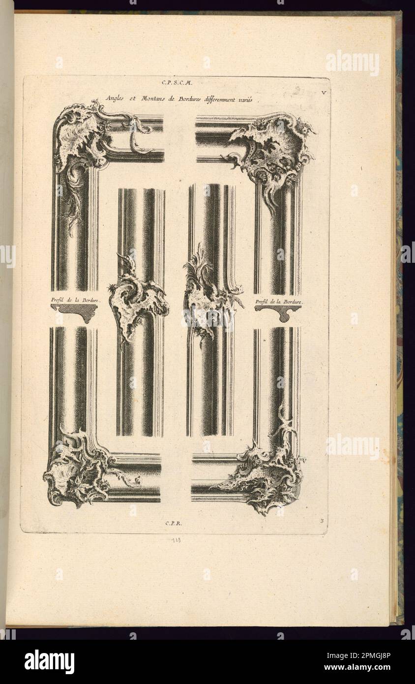 Print, Angles et Montans de Bordures Differemment Variés; entworfen von Francois de Cuvilliés the Elder (Belgien, aktives Deutschland, 1695 - 1768); Deutschland; Ätzen und Gravieren auf cremefarbenem Laienpapier; Platemark: 33,1 x 22,3 cm (13 1/16 x 8 3/4 Zoll) Blatt: 44 x 28,6 cm (17 5/16 x 11 1/4 Zoll) Stockfoto