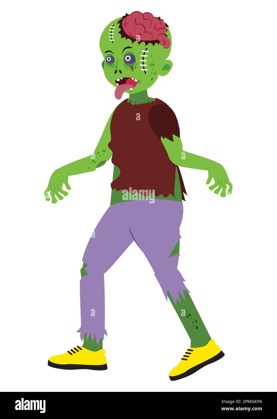 Gruseliger grüner Zombie mit ausgestrecktem Gehirn auf weißem Hintergrund Stock Vektor