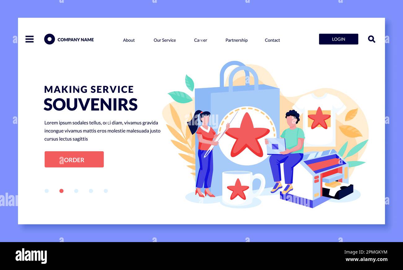 Souvenirservice oder Print Shop-Konzept. Individuelles Branding-Design und Werbeartikel für Unternehmen. Die Leute arbeiten im Kopierzentrum. Vector Flat Cartoon Illustratio Stock Vektor