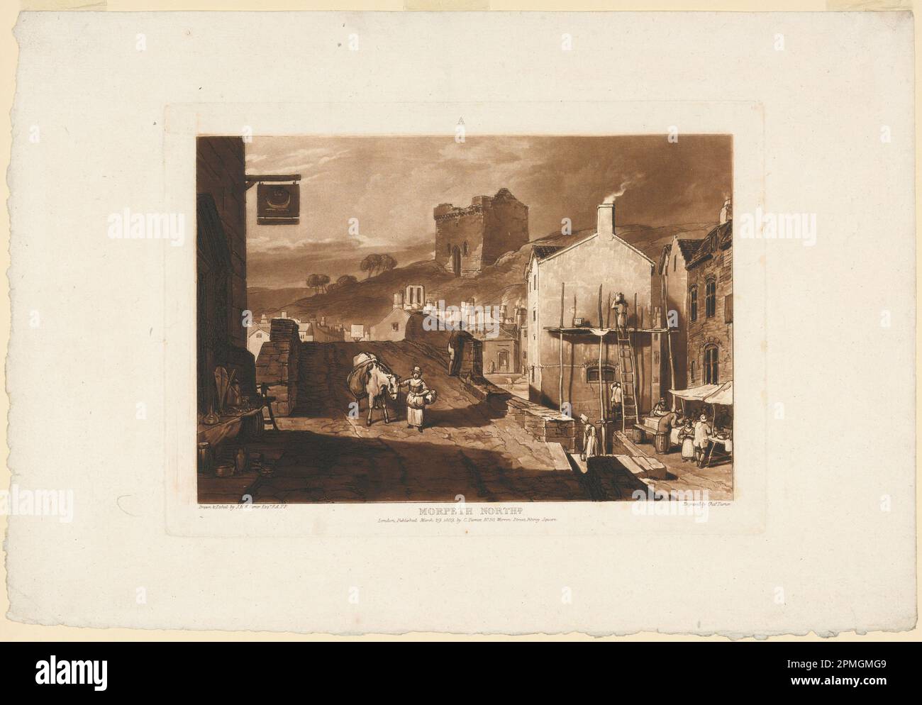 Aufdruck, Morpeth, Northumberland, vom Liber Studiorum; James Mallord William Turner (britisch, 1775–1851); Gravur von Charles Turner (britisch, 1773–1857); England; Mezzotint und Ätzen auf weißem Papier; Blatt: 30 x 43,9 cm (11 13/16 x 17 5/16 Zoll) Platemark: 21 x 29 cm (8 1/4 x 11 7/16 Zoll) Stockfoto