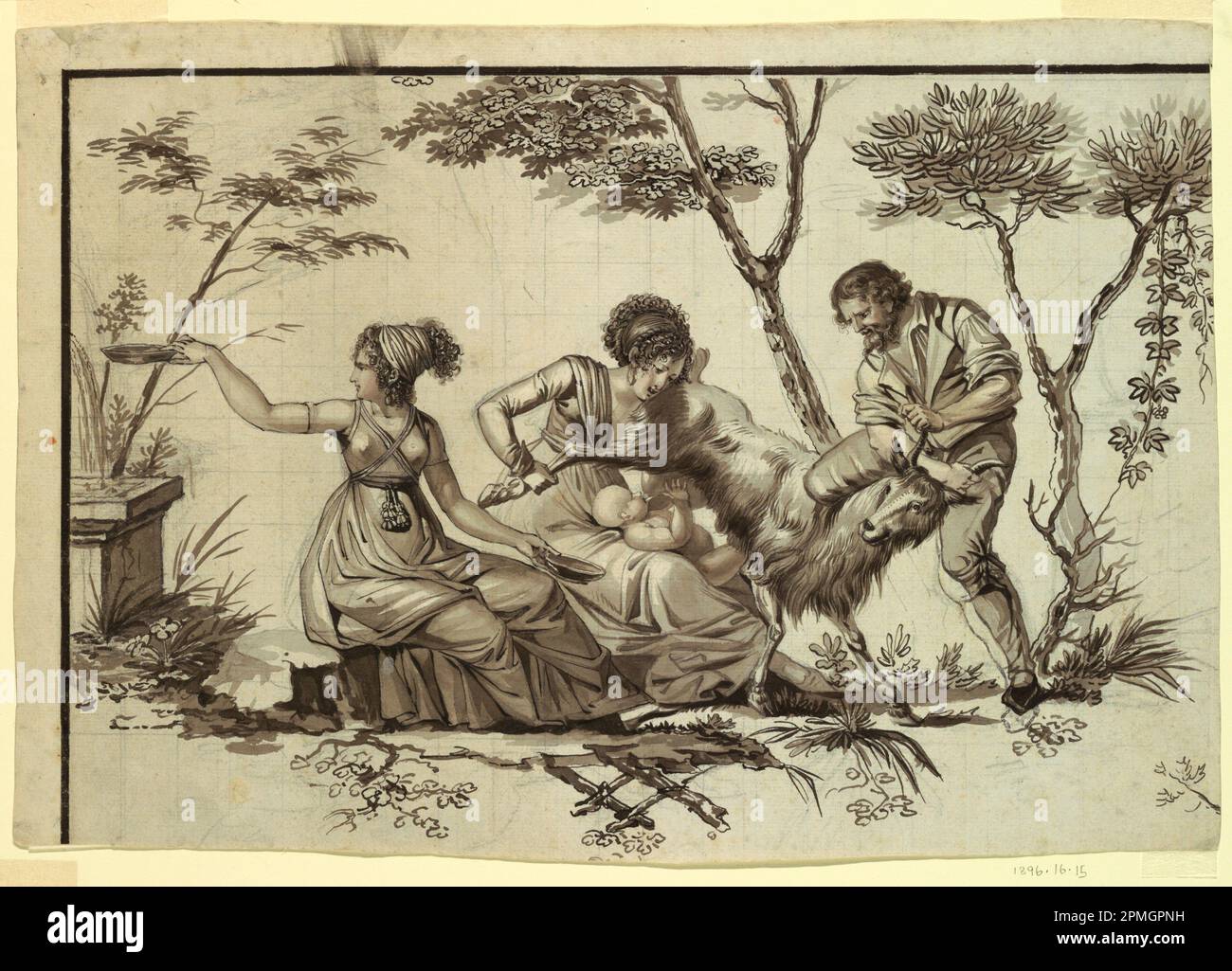 Zeichnung, Fragment eines Cartoons für den Baumwolldruck: Fauchon la Vielleuse; möglicherweise von Claude-Louis Desrais (Französisch, 1746–1816); hergestellt von Petitpierre & Compe. Nantes (Frankreich); Frankreich; Graphit, Stift und schwarze Tinte, Pinsel und Graustufe, Pink und weiße Vergrößerung auf weißem Papier; 30,4 x 44,1 cm (11 15/16 x 17 3/8 Zoll); 1896-16-15 Stockfoto