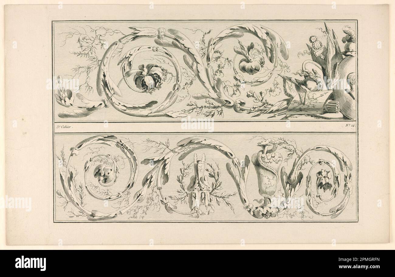 Print, Plate 14 aus Cahier d Ornements et frises dessinés (Buch der Ornamente und Friese); entworfen von Henri Salembier (Französisch, 1753-1820); graviert von Jacques Juillet (Französisch, 1739-1784); Gravur auf Papier Stockfoto